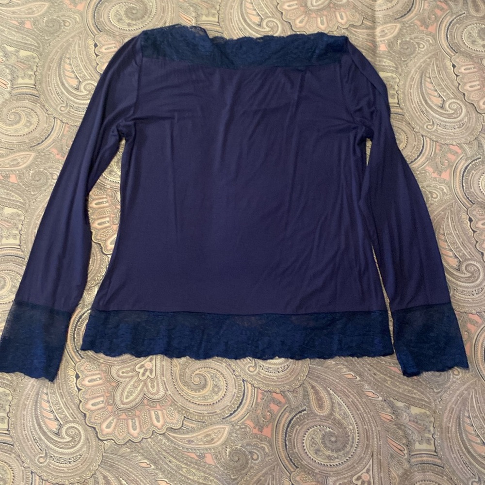 Navy blue rayon & lace top, size large